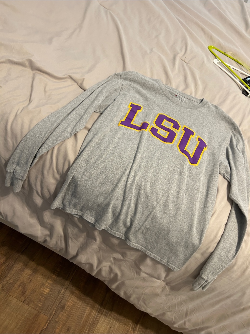 Champion Gray Long Sleeve Tee with Purple and Gold LSU Logo